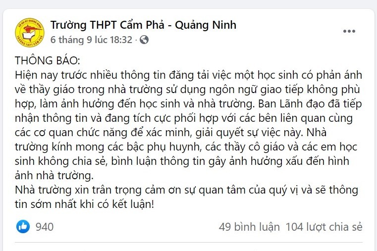 Kết luận vụ thầy giáo trường Cẩm Phả bị tố quấy rối, nhắn tin tán tỉnh nữ sinh