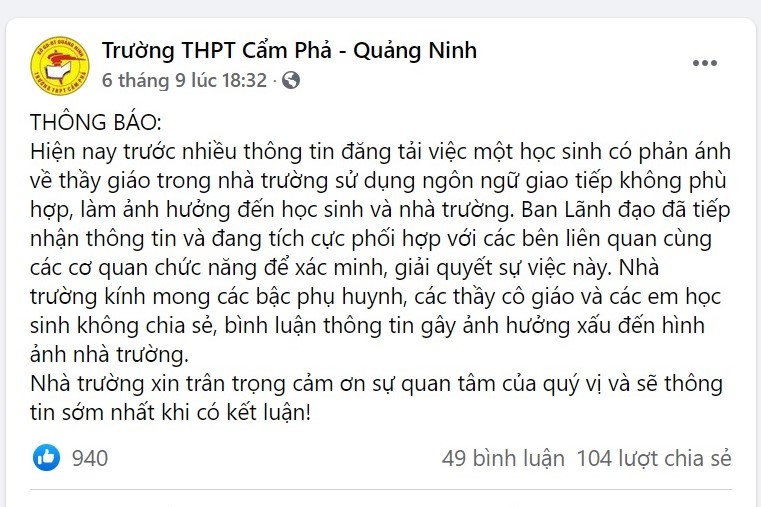Vụ thầy giáo bị tố quấy rối nữ sinh ở Cẩm Phả: Do đồng nghiệp 'tung tin'