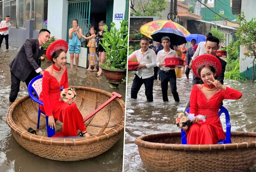 Đám cưới ngày mưa lũ, chú rể đón dâu bằng thuyền thúng