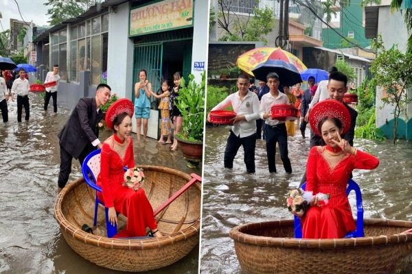 Chú rể đẩy thuyền thúng đưa cô dâu vượt lũ vào nhà