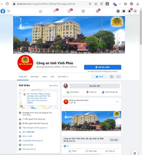 Kẻ xấu đổi tên Fanpage Công an tỉnh Vĩnh Phúc