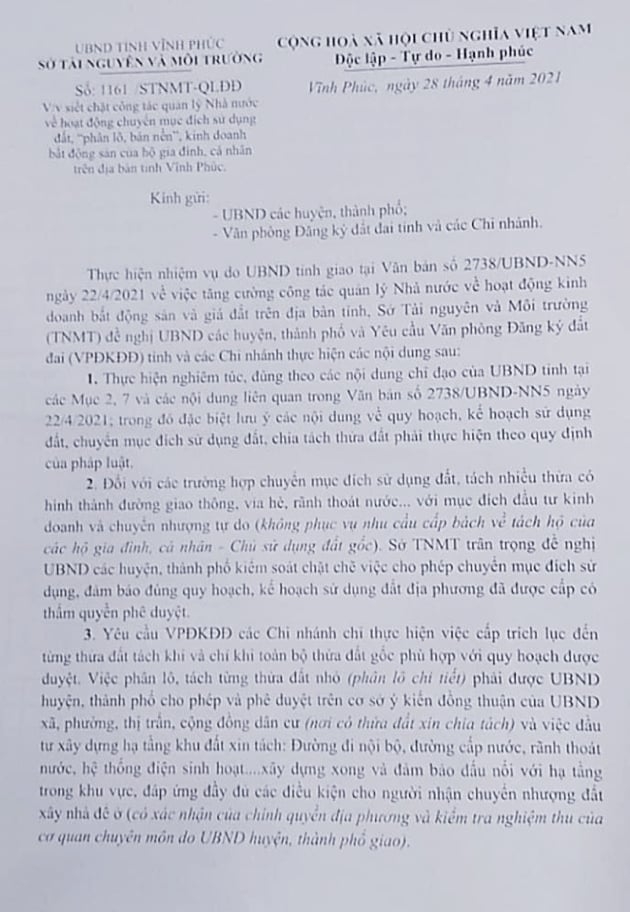 Sở TN&MT tỉnh Vĩnh Phúc thay thế 2 văn bản bị 'tuýt còi'