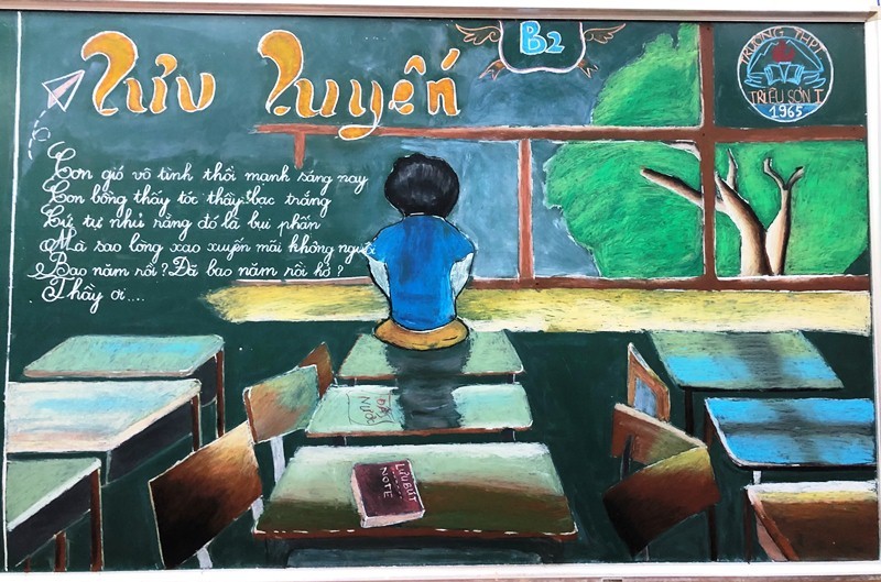 Những bức tranh vẽ trên bảng đen thể hiện lòng biết ơn thầy cô của học sinh xứ Thanh
