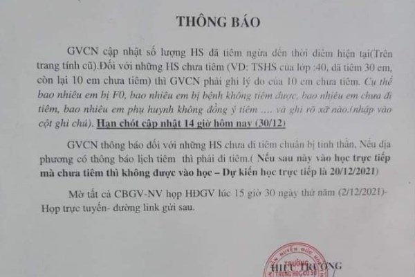 Tuýt còi văn bản 'học sinh chưa tiêm vắc xin không được học trực tiếp'