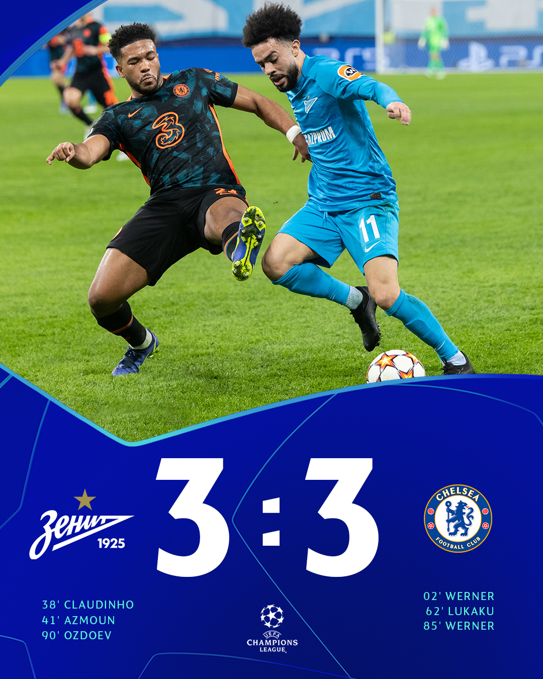 Bị Zenit cầm chân 3-3, Chelsea mất ngôi đầu bảng