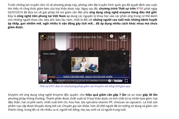 TPBVSK Enzylim vi phạm quy định quảng cáo