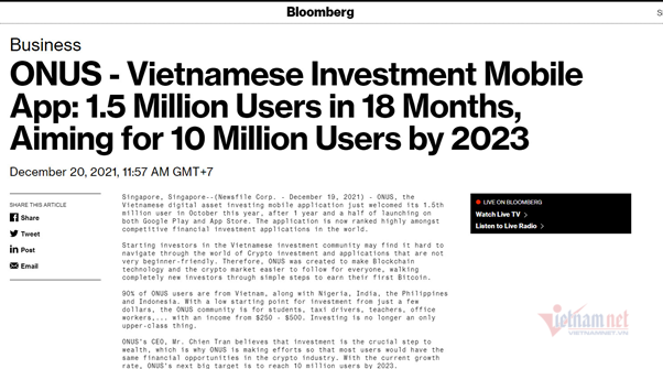 Startup ứng dụng đầu tư số Việt vừa được Bloomberg điểm tên