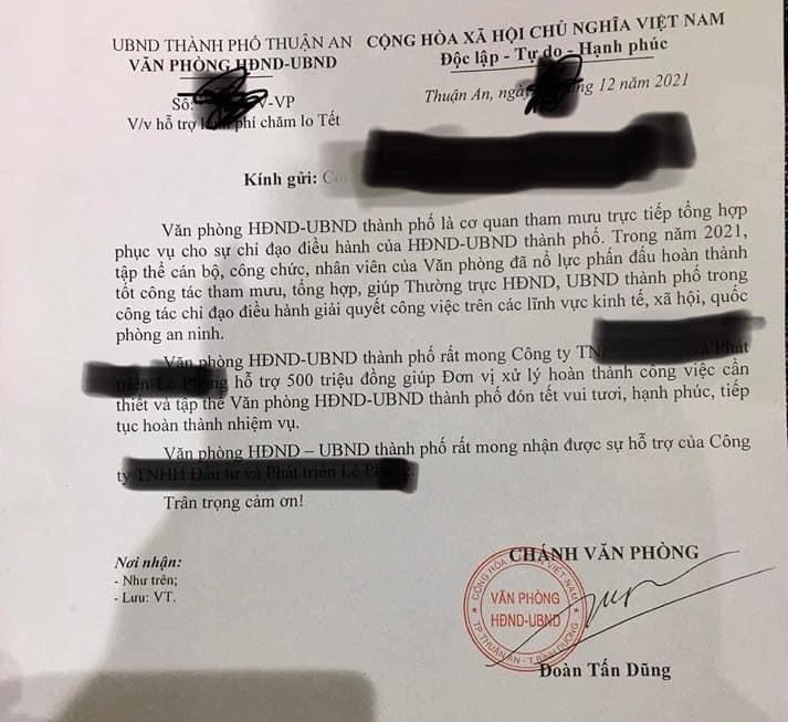 TP Thuận An trả lại 500 triệu 'xin' doanh nghiệp đón Tết
