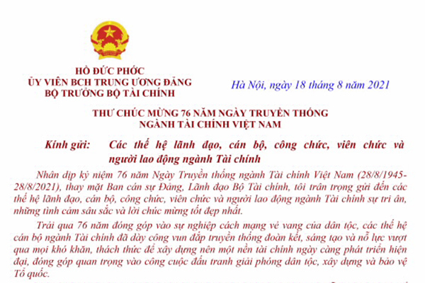 Bộ trưởng Hồ Đức Phớc chúc mừng 76 năm Ngày Truyền thống ngành Tài chính