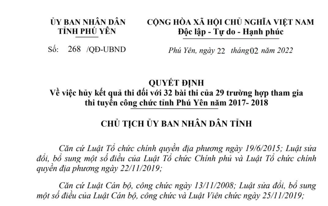 Hủy kết quả thi công chức 5 năm trước của 29 người ở Phú Yên