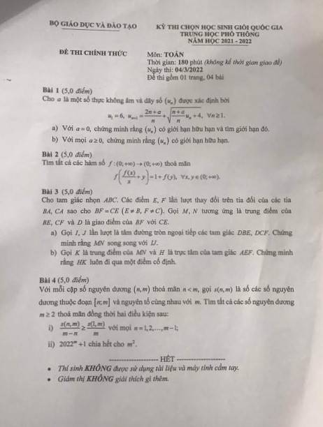 Đề thi học sinh giỏi quốc gia môn Toán 2021- 2022