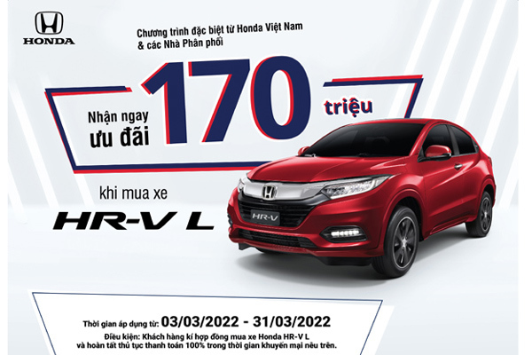 Ưu đãi 170 triệu cho khách mua Honda HR-V phiên bản L trong tháng 3