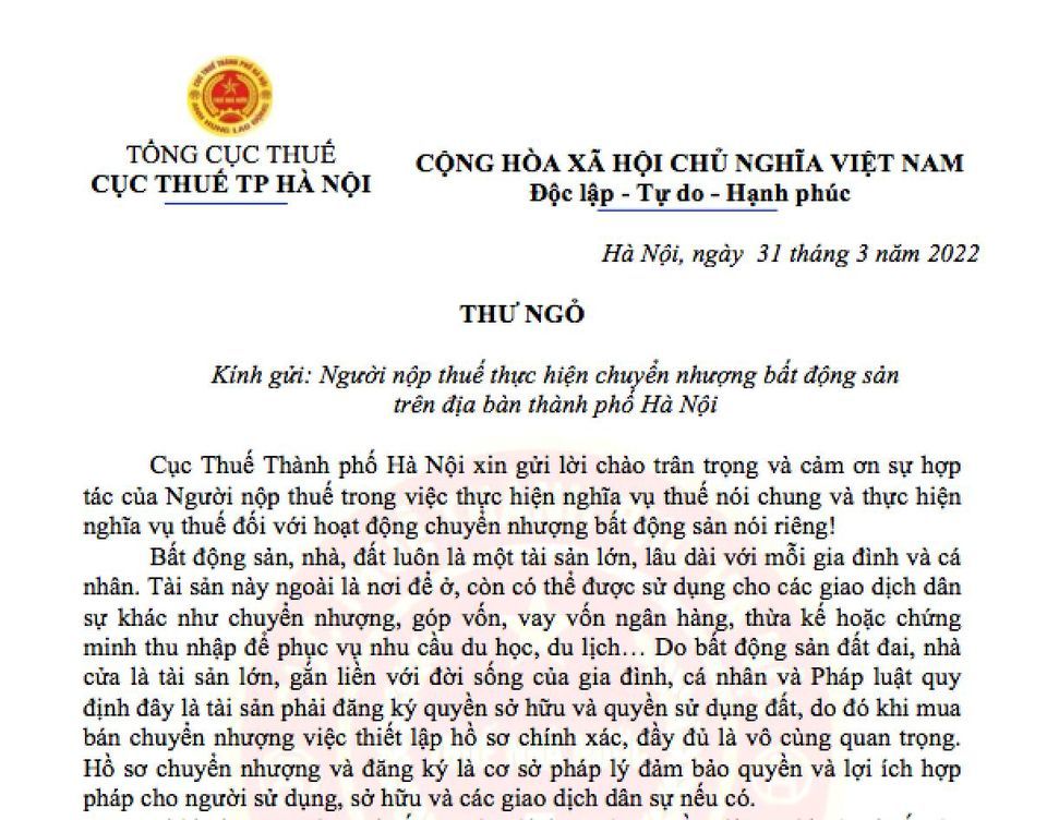 Ngăn nạn khai sai giá nhà đất, Cục Thuế gửi thư ngỏ