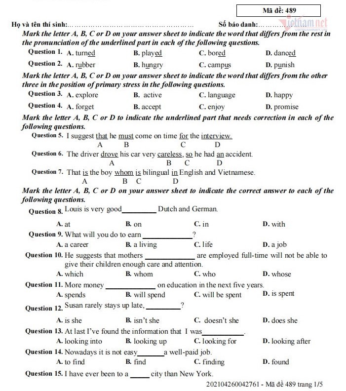 Refer to the 10th grade English test questions