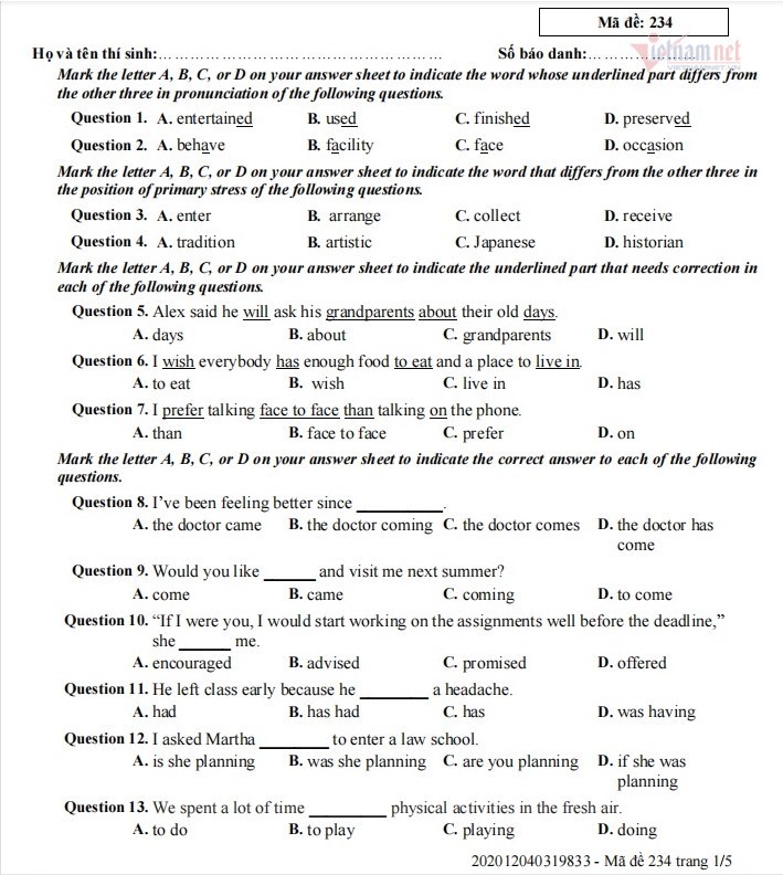 Refer to the 10th grade English test questions